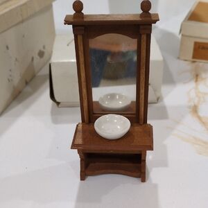 Miniature Wooden Vanity with Mirror and Bowl, Vintage.